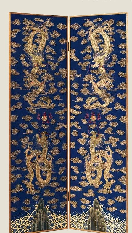 Gold-traced dragon screen on navy silk, two panels