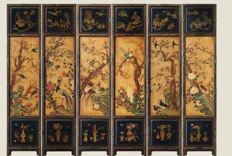 Hand-painted lacquer screen with birds and blossoms, six panels