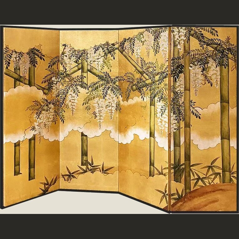 Folded four-panel wisteria and bamboo gold-leaf screen, shown centered to convey its three-dimensional folded shape