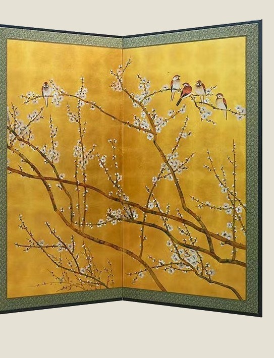 Gold-leaf screen with plum blossom and birds, two panels