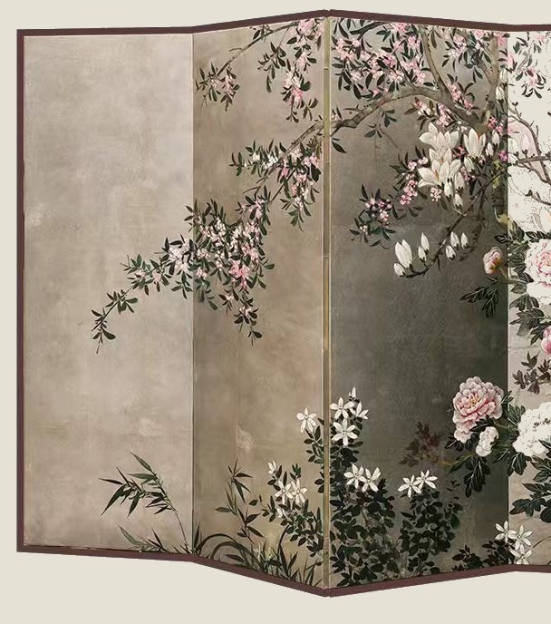 Silver-leaf screen with peony and magnolia, six panels