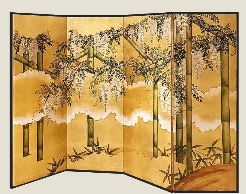 Gold-leaf screen with wisteria and bamboo, four panels