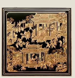 Gold-traced lacquer relief panel, pavilion and figures scene, framed