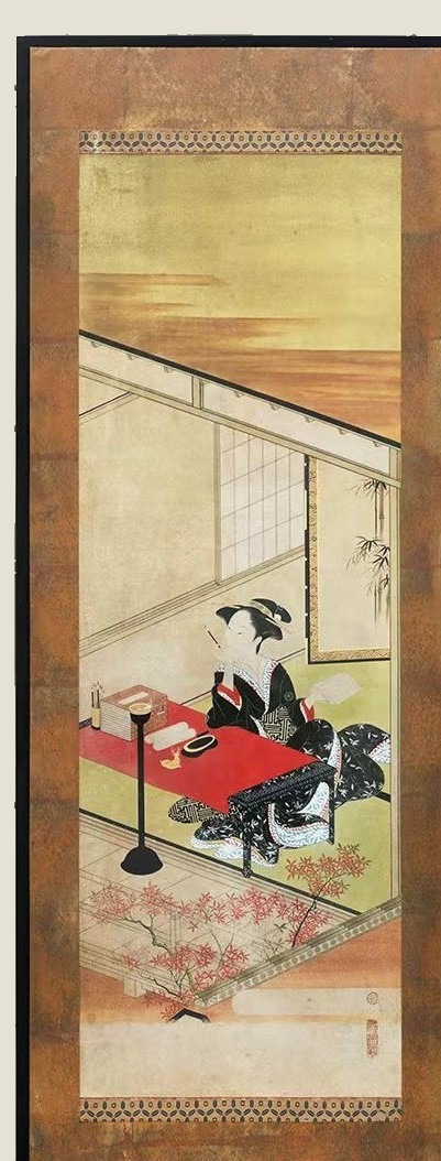 Lady reading at a red table, framed figure painting