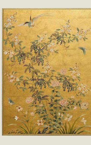 Peony and magpie, framed panel A