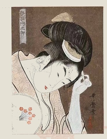Ukiyo-e style portrait with pipe, framed