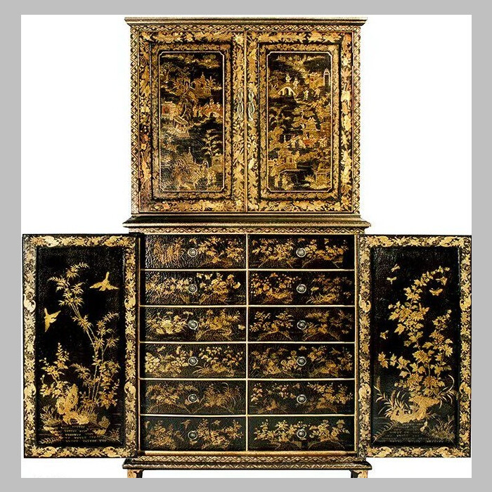 Gold-leaf lacquer inlay cabinet with chinoiserie scenes, shown centered as a full piece