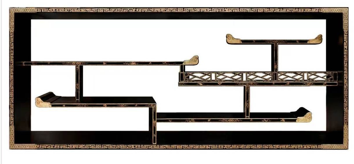 Asymmetric gold-traced lacquer display shelf