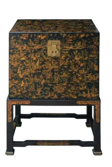 Lacquer trunk on stand with gold-traced floral painting