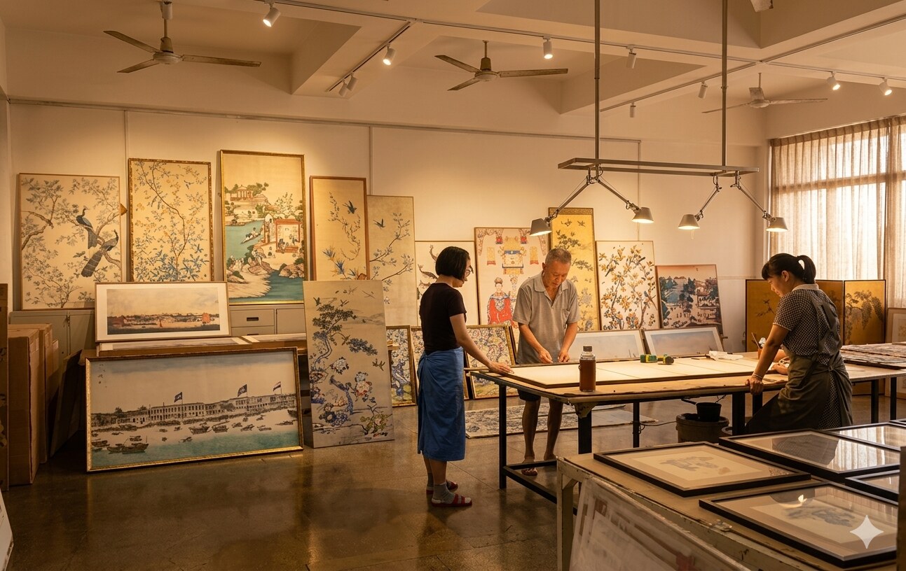 Artisans in the HongFeng Art studio hand-painting and mounting panels at the worktable