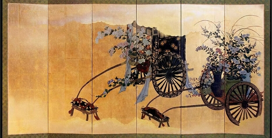 Finished gold-leaf six-panel folding screen with a floral cart motif