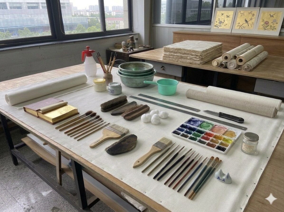 Brushes, mineral pigments, gold leaf book, and hand tools laid out on the studio's prep table