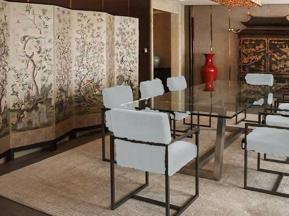 HongFeng Art folding screen and lacquer cabinet installed in a hotel dining room with modern white chairs