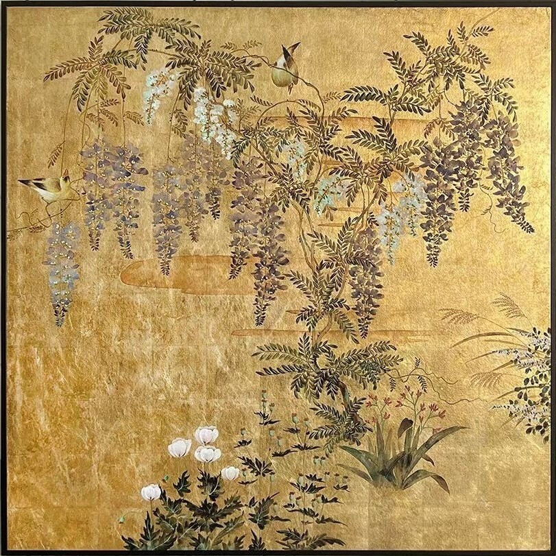 Framed gold-leaf wisteria and sparrows wall panel, shown centered in its full mounted mat and frame