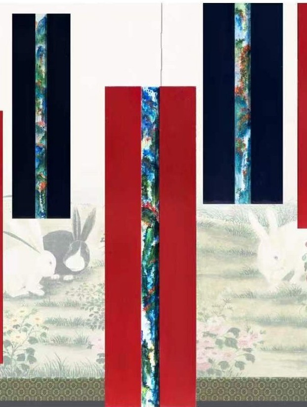 Gold-leaf landscape inlay strips set into red and black lacquer, hotel corridor installation