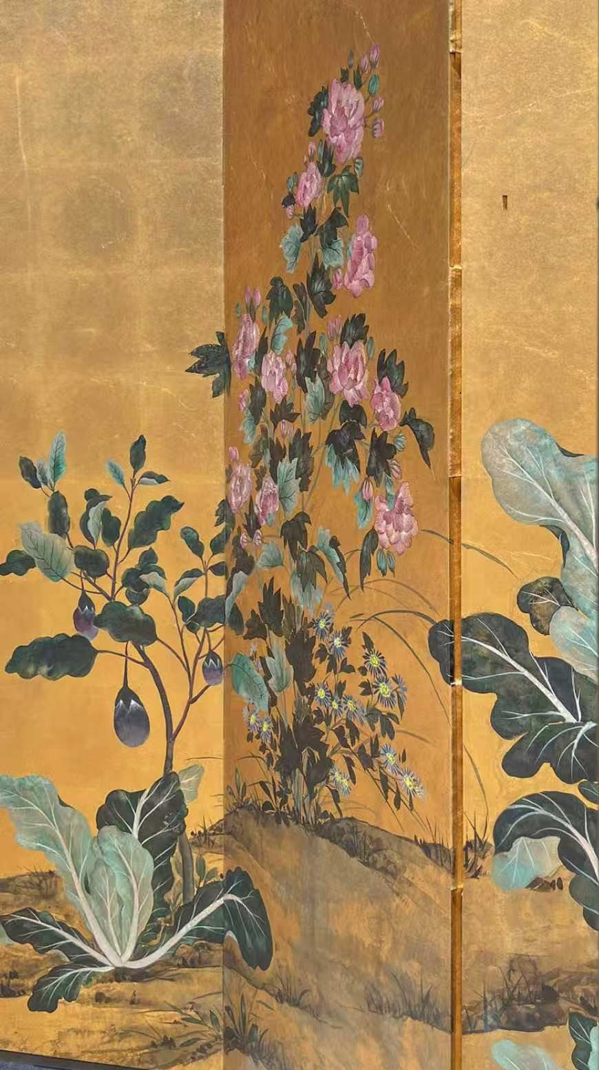 Detail of peony and eggplant, gold-leaf wall panel