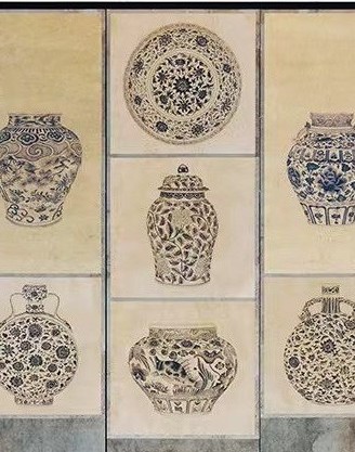 Hand-painted blue and white porcelain vase studies, three-panel screen
