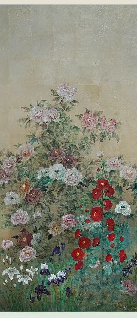 Silver-leaf wall panel with peonies and hollyhocks