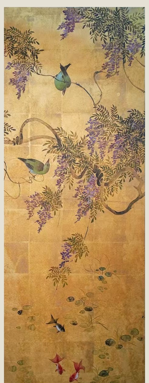 Wisteria, birds, and goldfish pond, wall panel