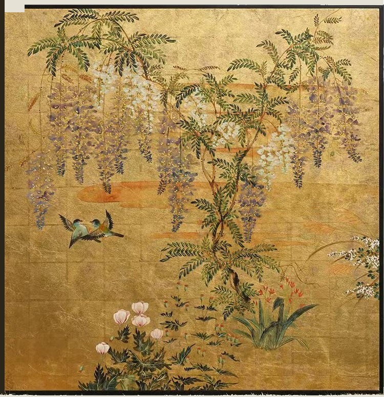 Wisteria with magpies, gold-leaf wall panel