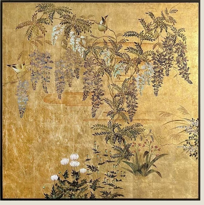 Wisteria with sparrows, gold-leaf wall panel